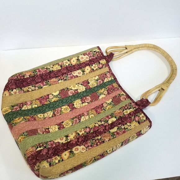 Vintage Extra Large Handmade Quilted Scrap Tote Handbag Purse Bamboo Handle - Picture 2 of 9